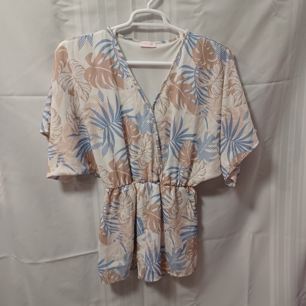 Pink Lily Romper Womens S Tan Blue‎ Tropical Batwing Sleeve Wrap Front Pockets